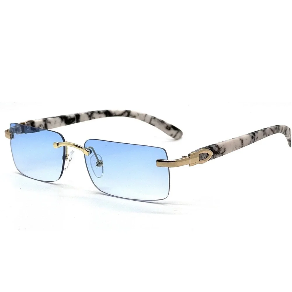 Classic Sunglasses Elegant Modern Sophisticated Rimless Gold Frame Blue Lens New